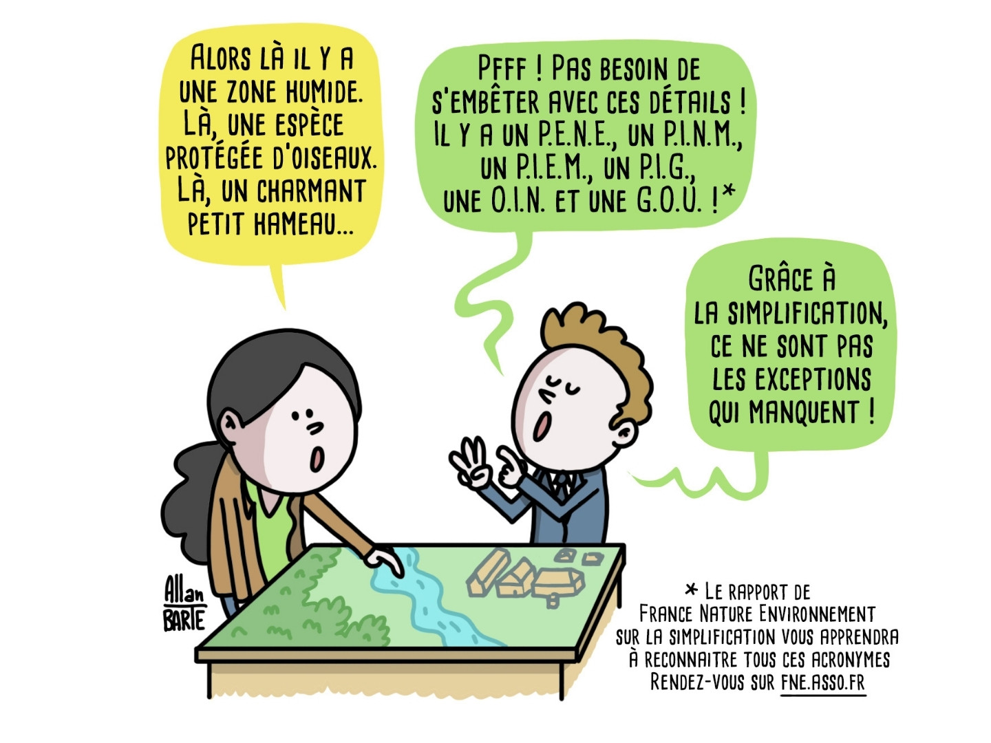 Illustration humoristique où un homme et une femme discutent à propos de la réglementation environnementale. La femme énumère les espèces et milieux naturels tandis que l'homme énumère un grand nombre de d'exceptions à la réglementation et conclu "Grâce à la simplification, ce ne sont pas les exceptions qui manquent"