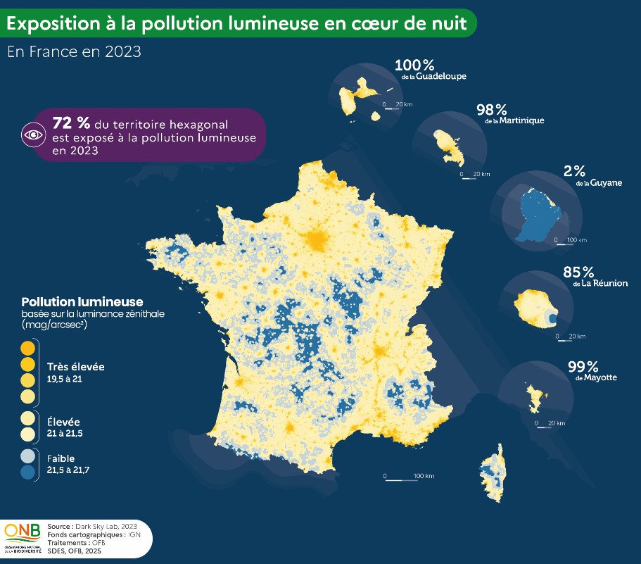 Carte d'exposition à la pollution lumineuse 2023 - Source Observatoire National de la Biodiversité